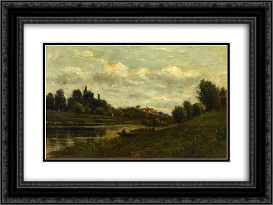 Fisherman on the Banks of the River 24x18 Black Ornate Wood Framed Art Print Poster with Double Matting by Daubigny, Charles Francois