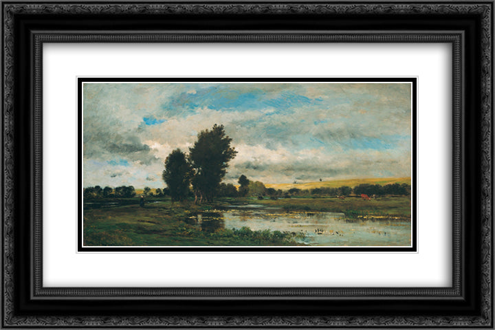 French River Scene 24x16 Black Ornate Wood Framed Art Print Poster with Double Matting by Daubigny, Charles Francois