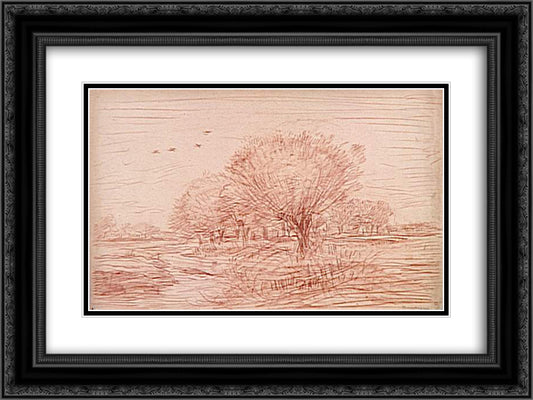 River Landscape Creek crossing a wooded meadow 24x18 Black Ornate Wood Framed Art Print Poster with Double Matting by Daubigny, Charles Francois