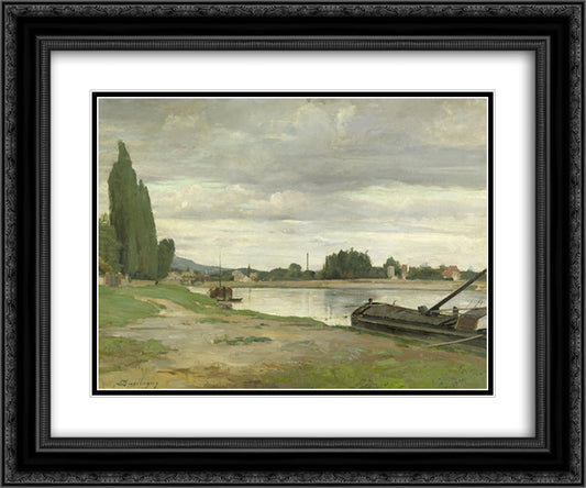River landscape with barge moored 24x20 Black Ornate Wood Framed Art Print Poster with Double Matting by Daubigny, Charles Francois