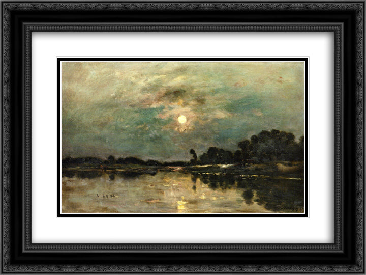 Riverbank in Moonlight 24x18 Black Ornate Wood Framed Art Print Poster with Double Matting by Daubigny, Charles Francois