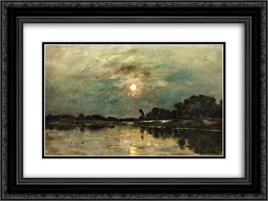 Riverbank in Moonlight 24x18 Black Ornate Wood Framed Art Print Poster with Double Matting by Daubigny, Charles Francois