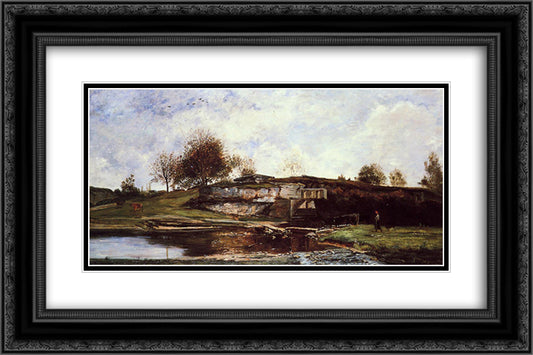 Sluice in the Optevoz Valley 24x16 Black Ornate Wood Framed Art Print Poster with Double Matting by Daubigny, Charles Francois