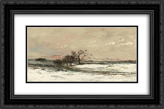 Snowy Landscape at Sunset 24x16 Black Ornate Wood Framed Art Print Poster with Double Matting by Daubigny, Charles Francois