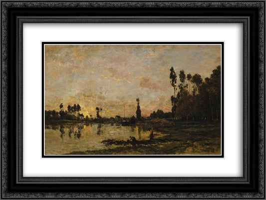 Sunset on the Oise 24x18 Black Ornate Wood Framed Art Print Poster with Double Matting by Daubigny, Charles Francois