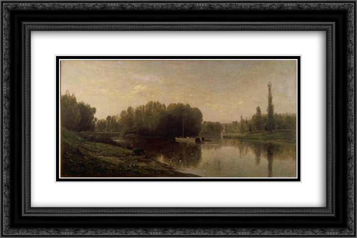 The banks of the Oise 24x16 Black Ornate Wood Framed Art Print Poster with Double Matting by Daubigny, Charles Francois