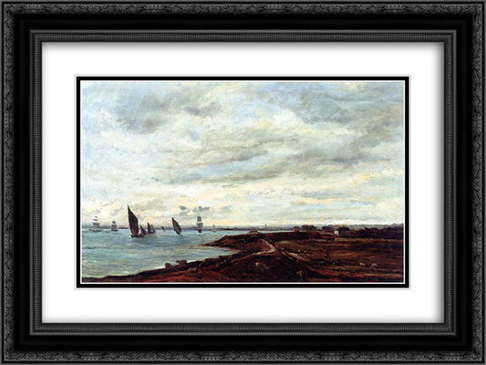 The Banks of the Thames at Eames 24x18 Black Ornate Wood Framed Art Print Poster with Double Matting by Daubigny, Charles Francois