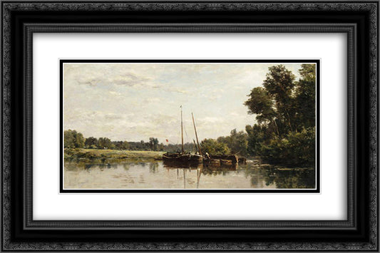 The barges 24x16 Black Ornate Wood Framed Art Print Poster with Double Matting by Daubigny, Charles Francois
