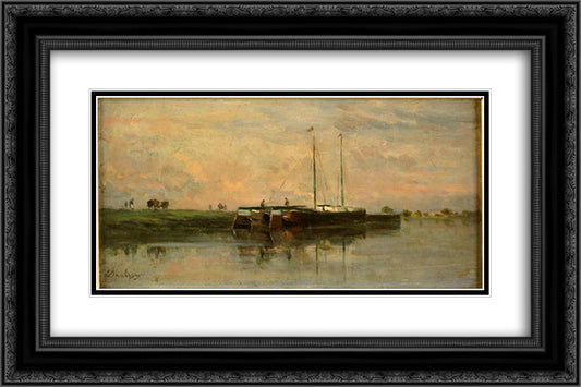 The barges in Bezons 24x16 Black Ornate Wood Framed Art Print Poster with Double Matting by Daubigny, Charles Francois