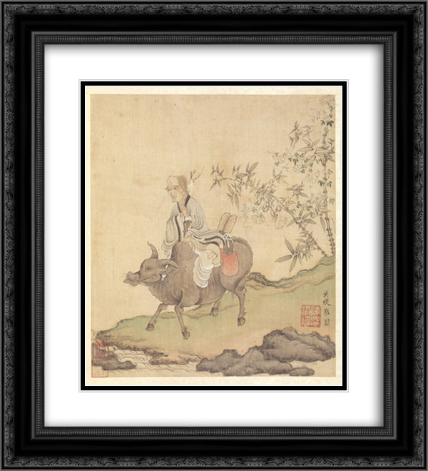Lao-tzu Riding an Ox 20x22 Black Ornate Wood Framed Art Print Poster with Double Matting by Hongshou, Chen