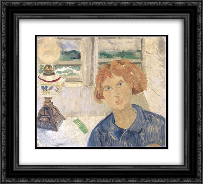 Girl and Lamp in a Cornish Window 22x20 Black Ornate Wood Framed Art Print Poster with Double Matting by Wood, Christopher