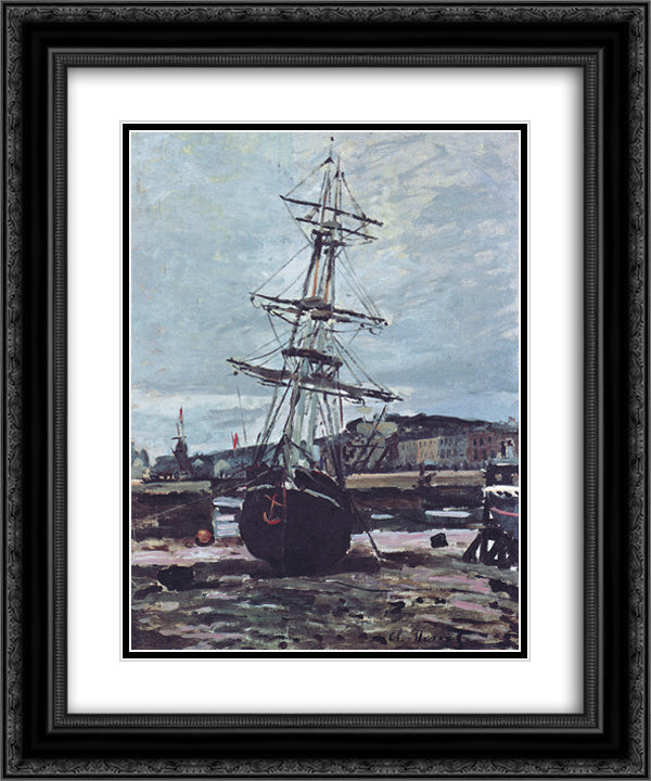 Gestrandetes Boot in Fecamp 20x24 Black Ornate Wood Framed Art Print Poster with Double Matting by Monet, Claude
