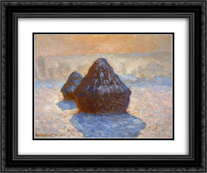 Grainstacks, White Frost Effect 24x20 Black Ornate Wood Framed Art Print Poster with Double Matting by Monet, Claude