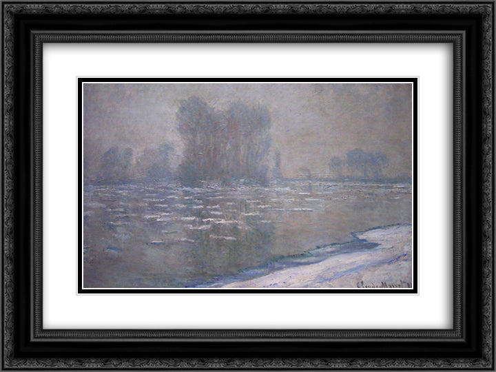 Ice Floes, Misty Morning 24x18 Black Ornate Wood Framed Art Print Poster with Double Matting by Monet, Claude