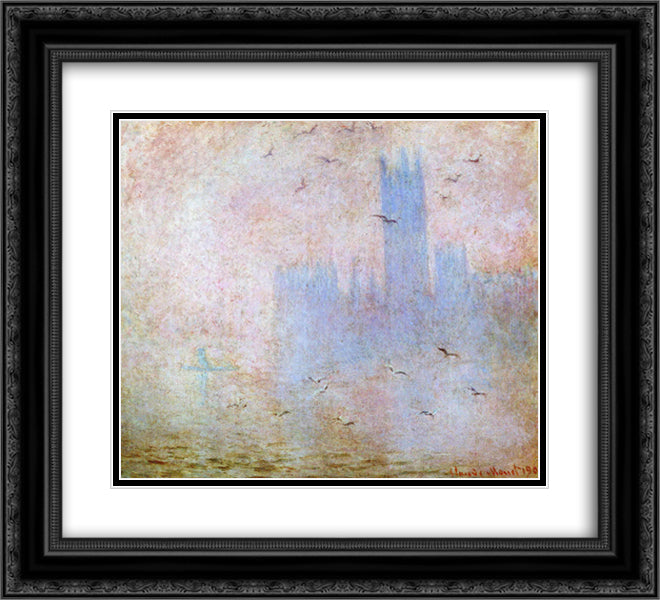 Seagulls over the Houses of Parliament 22x20 Black Ornate Wood Framed Art Print Poster with Double Matting by Monet, Claude