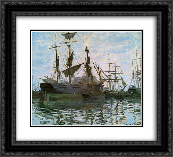 Ships in Harbor 22x20 Black Ornate Wood Framed Art Print Poster with Double Matting by Monet, Claude