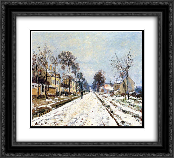 Snow Effect, The Road to Louveciennes 22x20 Black Ornate Wood Framed Art Print Poster with Double Matting by Monet, Claude