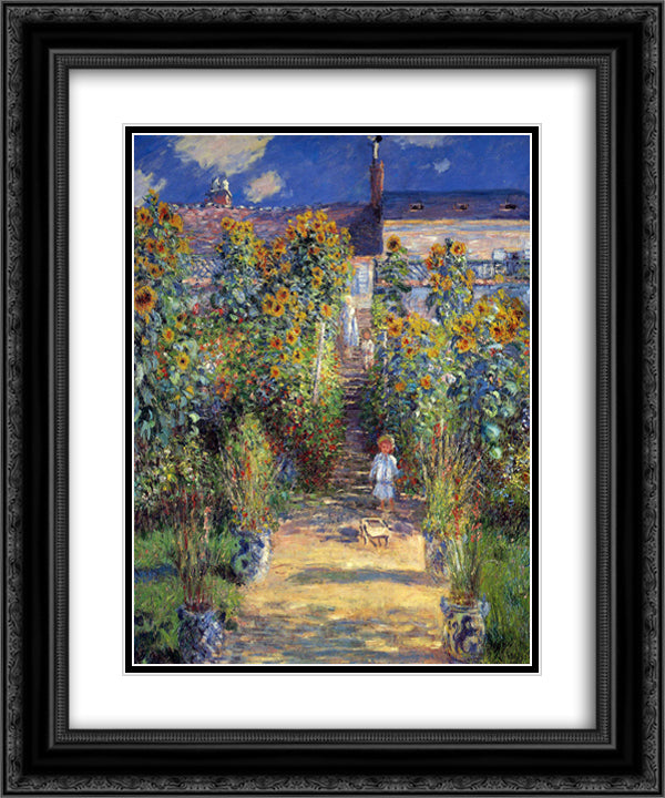 The Artist's Garden at Vetheuil 20x24 Black Ornate Wood Framed Art Print Poster with Double Matting by Monet, Claude