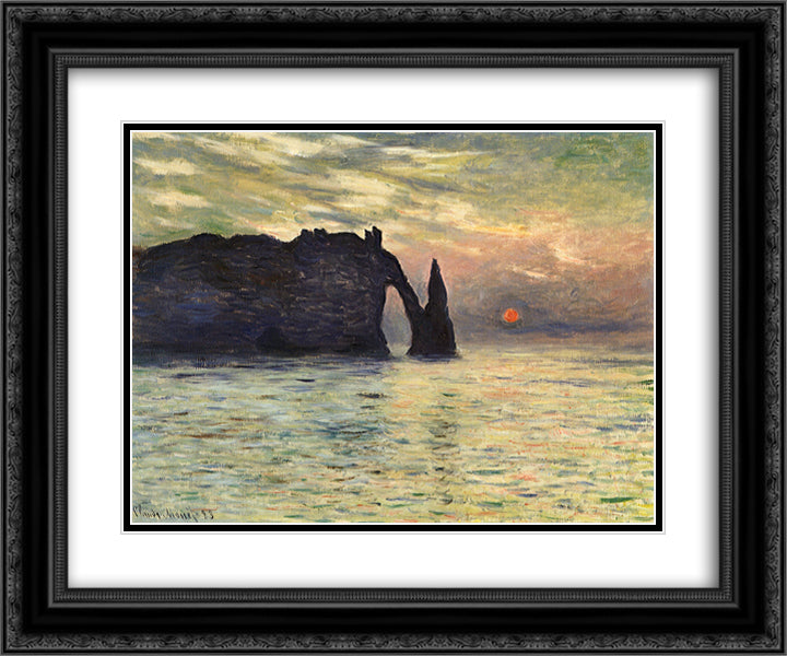 The Manneport, Cliff at Etretat, Sunset 24x20 Black Ornate Wood Framed Art Print Poster with Double Matting by Monet, Claude