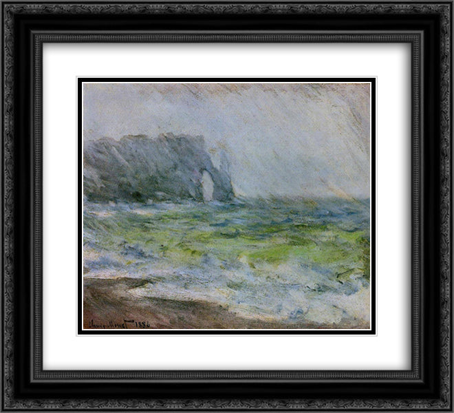 The Manneport, Etretat in the Rain 22x20 Black Ornate Wood Framed Art Print Poster with Double Matting by Monet, Claude
