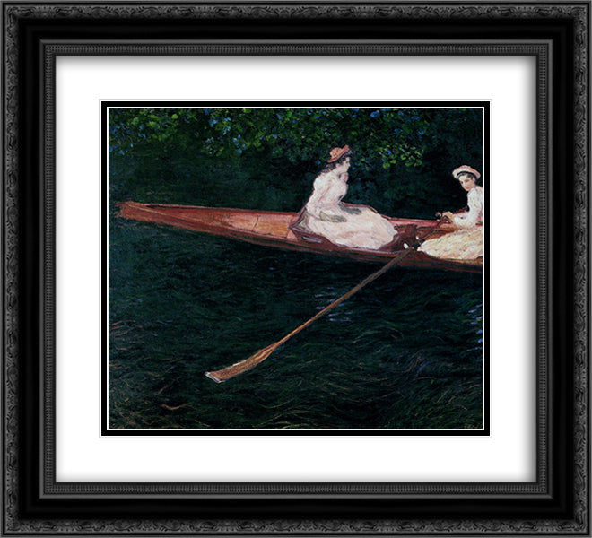 The Pink Skiff, Boating on the Ept 22x20 Black Ornate Wood Framed Art Print Poster with Double Matting by Monet, Claude