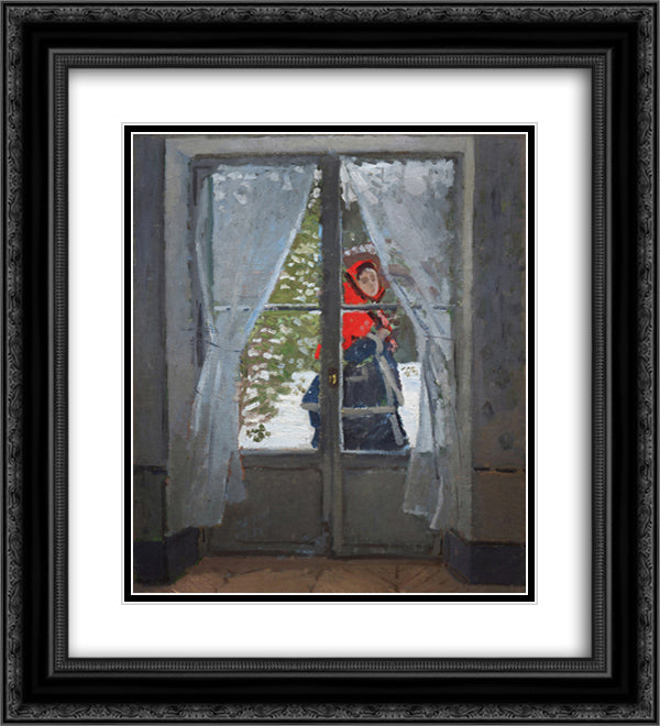 The Red Cape (Madame Monet) 20x22 Black Ornate Wood Framed Art Print Poster with Double Matting by Monet, Claude