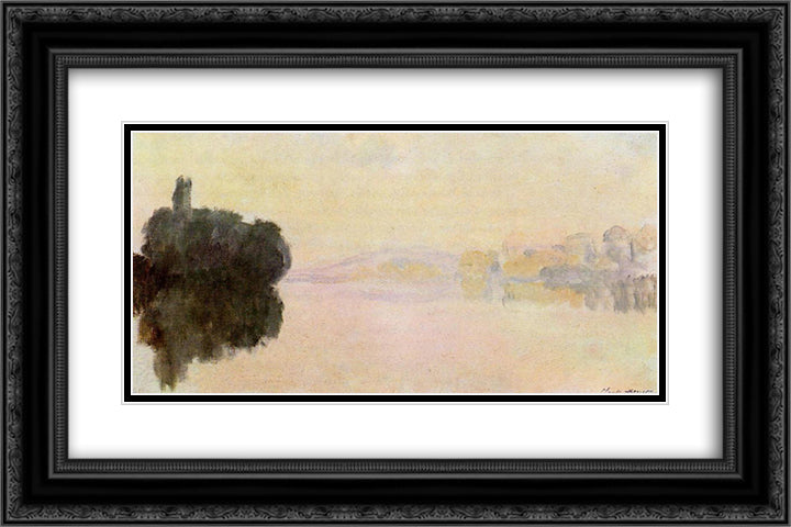 The Seine at Port-Villez, Pink Effect 24x16 Black Ornate Wood Framed Art Print Poster with Double Matting by Monet, Claude