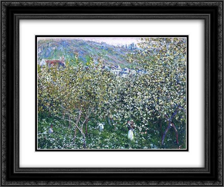 Vetheuil, Flowering Plum Trees 24x20 Black Ornate Wood Framed Art Print Poster with Double Matting by Monet, Claude