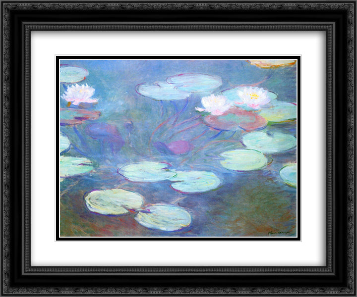 Water Lilies, Pink 24x20 Black Ornate Wood Framed Art Print Poster with Double Matting by Monet, Claude