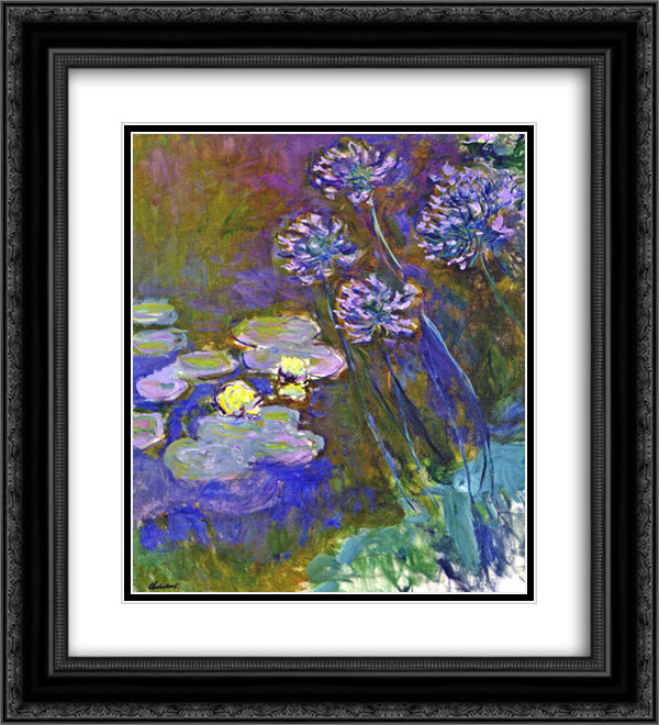 Water Lilies and Agapanthus 20x22 Black Ornate Wood Framed Art Print Poster with Double Matting by Monet, Claude