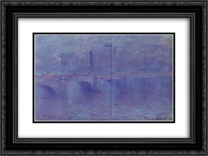 Waterloo Bridge, Effect of Fog 24x18 Black Ornate Wood Framed Art Print Poster with Double Matting by Monet, Claude