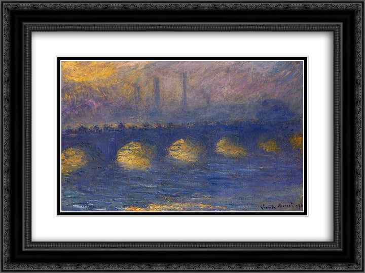 Waterloo Bridge, Overcast Weather 24x18 Black Ornate Wood Framed Art Print Poster with Double Matting by Monet, Claude