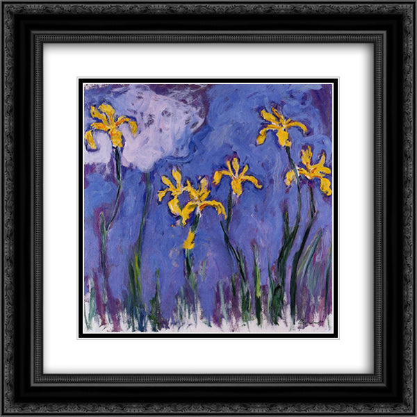Yellow Irises with Pink Cloud 20x20 Black Ornate Wood Framed Art Print Poster with Double Matting by Monet, Claude