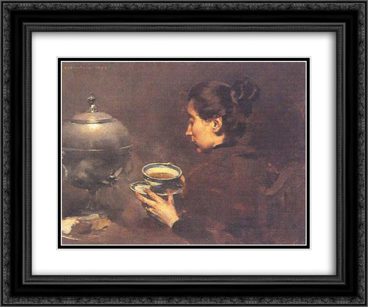 A Chavena de Cha 24x20 Black Ornate Wood Framed Art Print Poster with Double Matting by Bordalo Pinheiro, Columbano