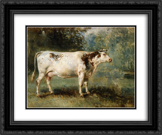 A Cow in a Landscape 24x20 Black Ornate Wood Framed Art Print Poster with Double Matting by Troyon, Constant