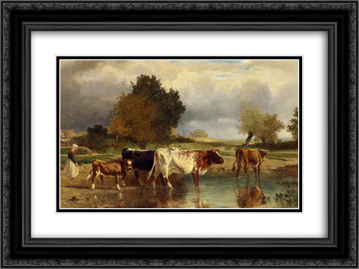 Calf cows at the marl 24x18 Black Ornate Wood Framed Art Print Poster with Double Matting by Troyon, Constant