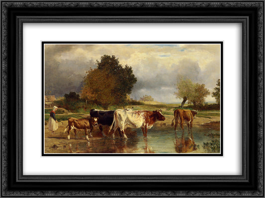 Calf cows at the marl 24x18 Black Ornate Wood Framed Art Print Poster with Double Matting by Troyon, Constant