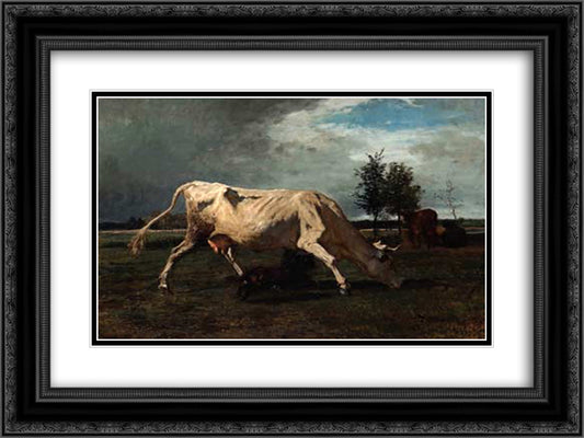 Cow chased by a dog 24x18 Black Ornate Wood Framed Art Print Poster with Double Matting by Troyon, Constant