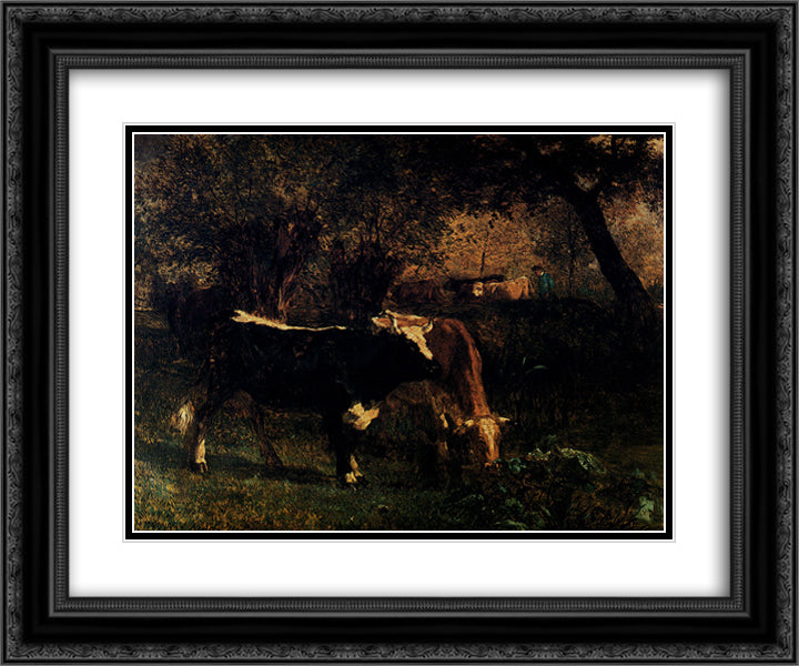 Cows at the Watering 24x20 Black Ornate Wood Framed Art Print Poster with Double Matting by Troyon, Constant