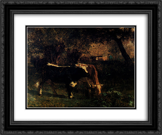 Cows at the Watering 24x20 Black Ornate Wood Framed Art Print Poster with Double Matting by Troyon, Constant