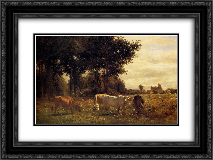 Cows Grazing 24x18 Black Ornate Wood Framed Art Print Poster with Double Matting by Troyon, Constant