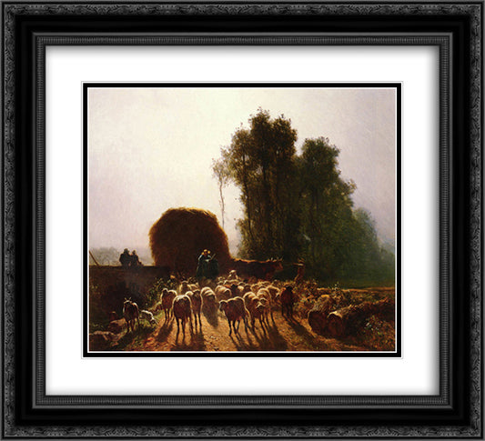 La Vallee 22x20 Black Ornate Wood Framed Art Print Poster with Double Matting by Troyon, Constant