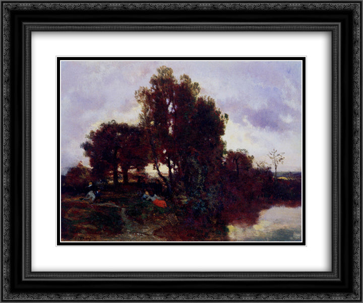 On The Farm 24x20 Black Ornate Wood Framed Art Print Poster with Double Matting by Troyon, Constant