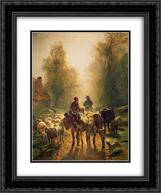 On the Way to the Market 20x24 Black Ornate Wood Framed Art Print Poster with Double Matting by Troyon, Constant