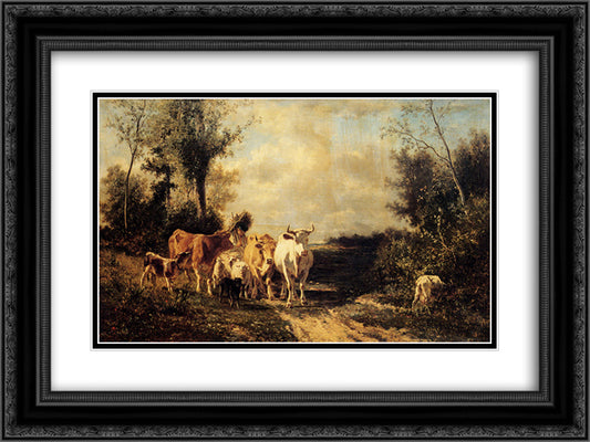 Returning From Pasture 24x18 Black Ornate Wood Framed Art Print Poster with Double Matting by Troyon, Constant
