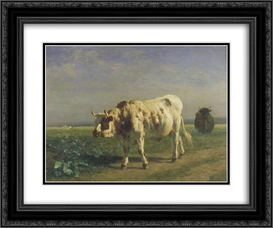The white bull 24x20 Black Ornate Wood Framed Art Print Poster with Double Matting by Troyon, Constant