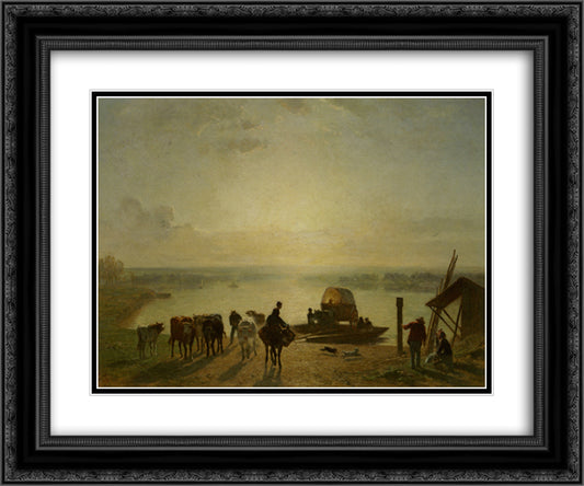Unloading the Ferry 24x20 Black Ornate Wood Framed Art Print Poster with Double Matting by Troyon, Constant