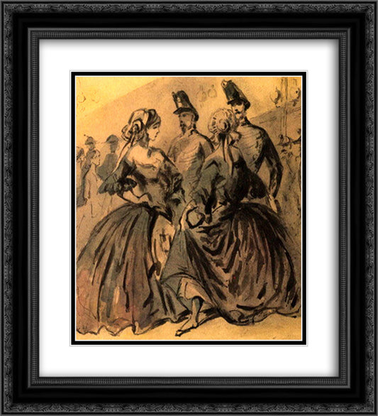 Deux grisettes et deux soldats 20x22 Black Ornate Wood Framed Art Print Poster with Double Matting by Guys, Constantin