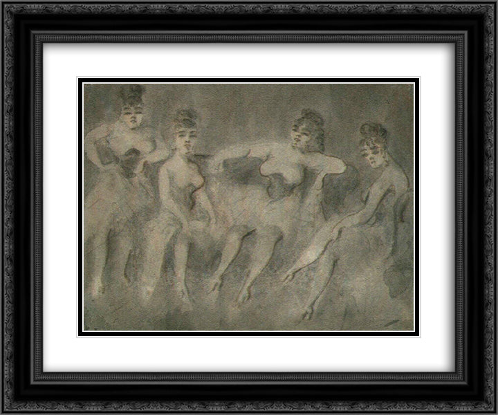 Four Women on a Sofa 24x20 Black Ornate Wood Framed Art Print Poster with Double Matting by Guys, Constantin
