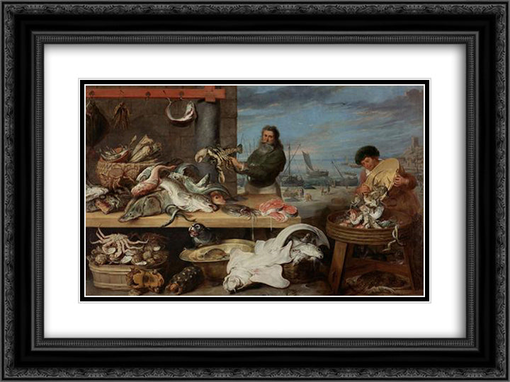 Fish Market 24x18 Black Ornate Wood Framed Art Print Poster with Double Matting by Vos, Cornelis de